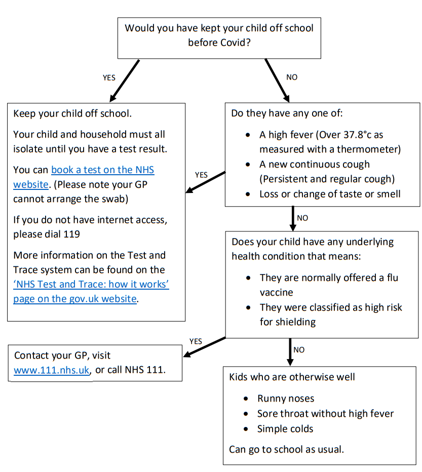 Flowchart to advise when you should and shouldn't send your child to school